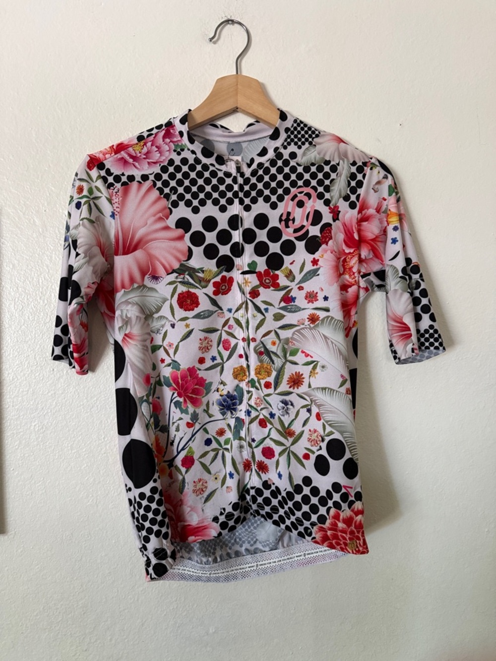 Ostroy Floral Polka Dot Women’s Cycling Jersey - White/Pink/Black Sz L AS IS